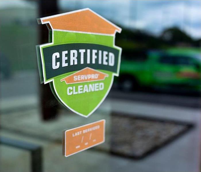 Certified: SERVPRO Cleaned Sticker in Store Window. 
